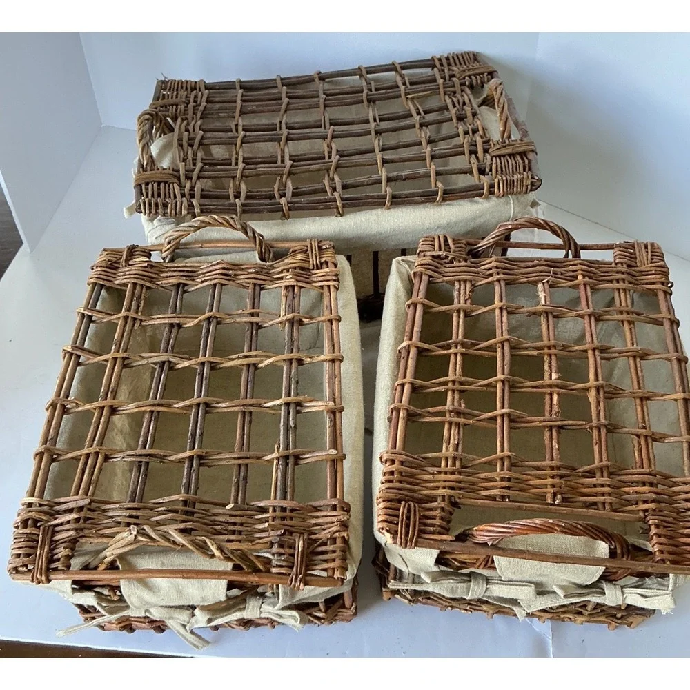 Rustic Twig Nesting Baskets Set of 3 Fabric Lined Brown Farmhouse Home‎